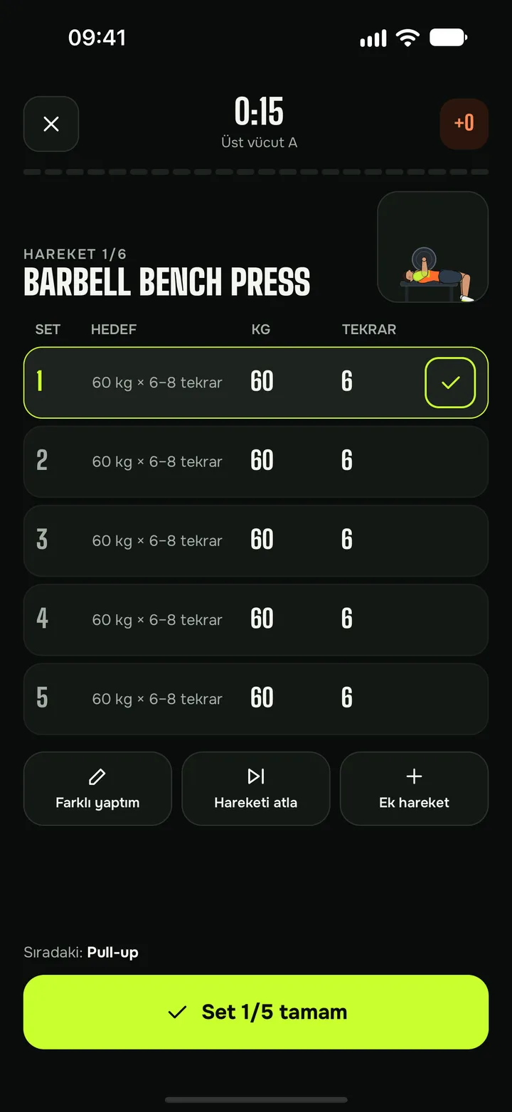 FORMA antrenman ekranı: set, tekrar ve kilo takibi